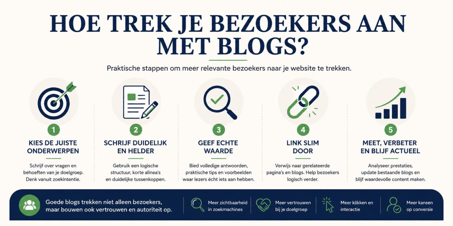 Infographic over hoe je bezoekers aantrekt met blogs: onderwerpskeuze, structuur en SEO-optimalisatie